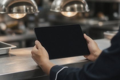 Hands hold a tablet with a blank screen at a steel pass under heat lamps