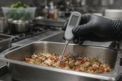 A gloved hand inserts a probe thermometer with a blank display into a hotel pan