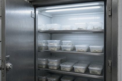 An open walk-in cooler with shelves of plain lidded tubs