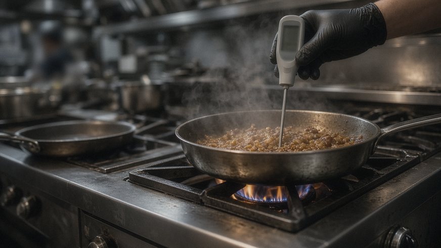 A gloved hand checks a steaming pan on a gas range with a probe thermometer